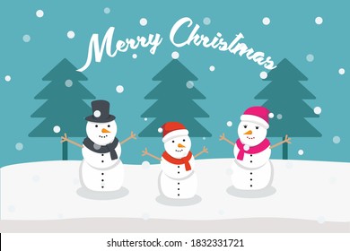 Christmas day vector concept: Three snowmen standing together with word of merry christmas 