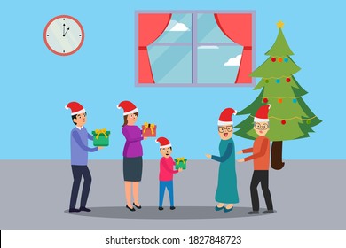 Christmas day vector concept: Young family giving christmas gifts to grandparents at home