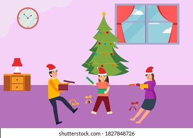 Christmas day vector concept: Young parents and little son open the christmas gift together