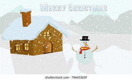 Christmas day vector illustrator,Snow dolls and houses are located near the iceberg.