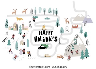 Christmas day in village with people. Vector Winter landscape outdoor activities on new year.