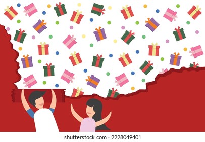 Christmas day white and red background wallpaper vector joyful love group of gift box and couple in love cut wallpaper together for online banner decoration for christmas day love couple illustration.