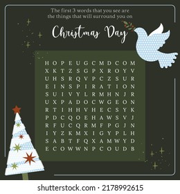 Christmas Day word search puzzle.  Festive crossword game suitable for social media post. Find hidden words
