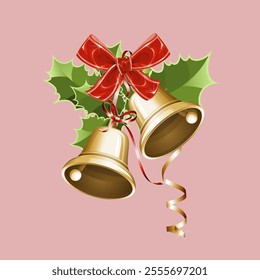 christmas day,gold christmas bells with leaves and red ribbon isolated on pink background.