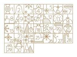 Christmas December Advent Calendar Elements With Cute Line Illustrations. Outline Grid With Snowman, Toy, Bell Icon.