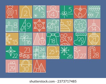 Christmas December Advent Calendar elements with simple line illustrations. Cute outline icons grid on bright background.