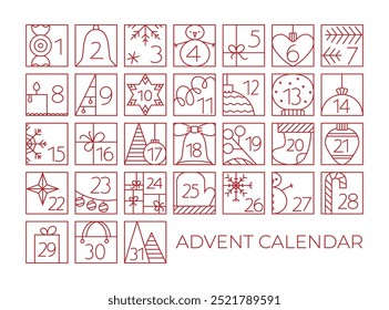 Christmas December Advent Calendar elements with cute line illustrations. Outline grid with snowman, toy, bell icon.