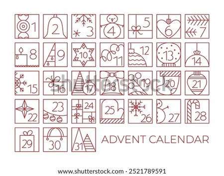 Christmas December Advent Calendar elements with cute line illustrations. Outline grid with snowman, toy, bell icon.