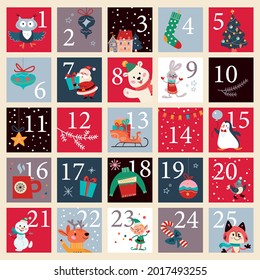 Christmas december advent calendar with numbered parts and cute winter Santa Claus, xmas elf, animals characters for cut down. Vector flat cartoon illustration.