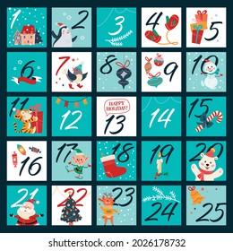 Christmas december advent calendar with numbered parts and cute winter Santa Claus, xmas elf, animals characters for cut down. Vector flat cartoon illustration.