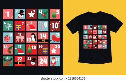 christmas December calendar t shirt design free vector svg design template, gnome, santa clause, December , cookie, crew, typography, snowman, new year