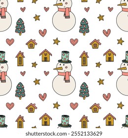 Christmas decirative pattern with Snowman, Christmas tree and Gingerbread cookies for wrapping paper, gift card, Holiday Pajamas
