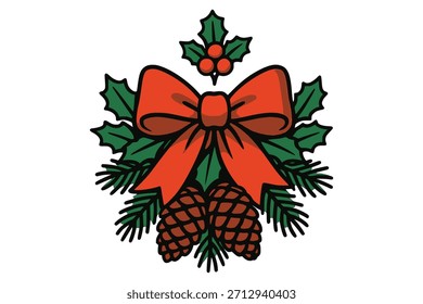 Christmas decor arrangement with red bow pinecones holly berries and green leaves
