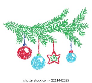 Christmas decor balls   fir branch  Holiday tree   snow  Hand drawing cute cartoon background  Crayon  pastel chalk  kid pencil funny doodle simple vector stroke