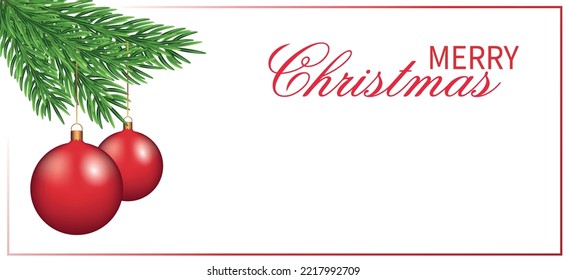 Decoración navideña, bolas de Navidad en una rama de árbol de Navidad. Banner amplio con espacio para texto, espacio para copiar. 