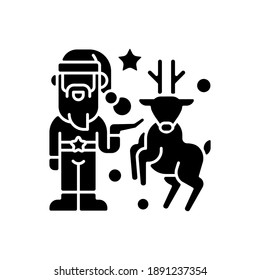 Christmas decor black glyph icon. Artificial tree decorations. Santa Claus and reindeer. Wreaths, garlands, candles. December 25. Silhouette symbol on white space. Vector isolated illustration