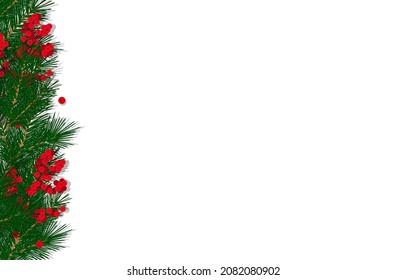 Christmas decor, a border of branches of a Christmas tree and red rowan berries. Vector illustration, realistic volumetric design, isolated on white background, eps 10.