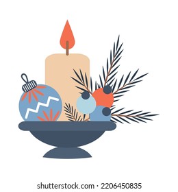 Christmas decor of candle, ball and twigs. vector illustration