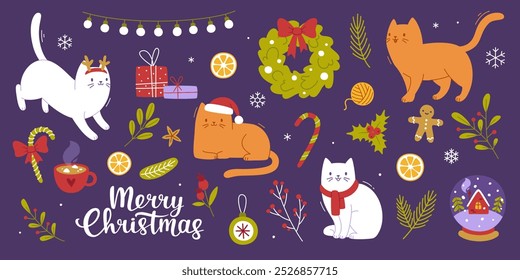 Christmas decor and cats set. Vector cartoon xmas collection with kittens and decoration.