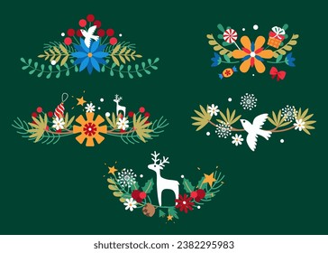 Christmas decor with deer, doves, fir trees, branches, flowers, sweets, Christmas tree decorations, gifts, snowflakes, stars in vector. Flat style. Set of decorative compositions.