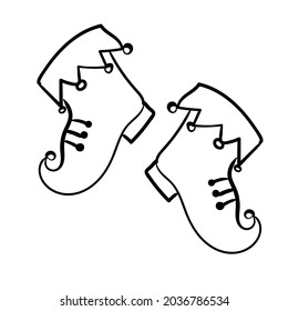 Christmas decor. Doodle style outfit for Santa's helper elves. Boots with bells. Vector illustration isolated on white background.