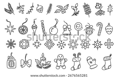 Christmas decor doodles. Hand drawn xmas snowflakes, stockings, mistletoe ornaments, holly, candy cane, gingerbread cookie, bell, ribbon bow and gift icons. Sketch holiday decorations vector set.