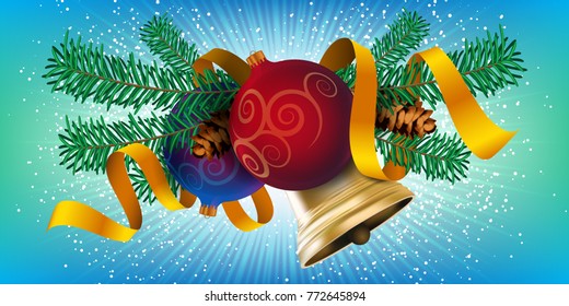 Christmas decor element design, realistic new year tree holiday decoration with Christmas balls, golden bell and red ribbon. Vector illustration on colorful background
