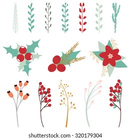 Christmas decor elements: branches, leaves, flowers, berries. Vector illustration. Can be used for greeting cards, scrapbooking, congratulations, invitations, banner, stickers and tags.