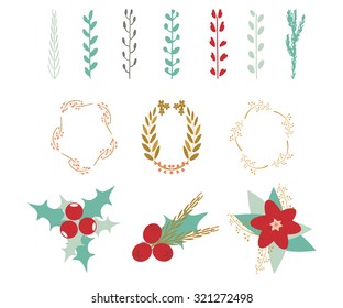 Christmas decor elements: branches, leaves, flowers, berries, wreaths. Vector illustration. Can be used for greeting cards, scrapbooking, congratulations, invitations, banner, stickers and tags.