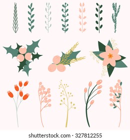 Christmas decor elements: branches, leaves, flowers, berries. Vector illustration. Can be used for greeting cards, scrapbooking, congratulations, invitations, banner, stickers and tags.