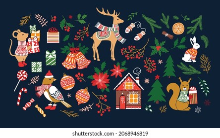 Christmas decor elements set. Cute animals deer, mouse, rabbit, squirrel, bird, mittens, house, gifts, jingle bells, balls, holly, fir tree, berries, candys, floral elements. Vector illustration.