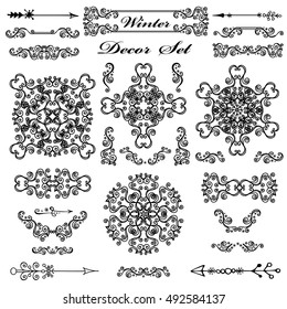 Christmas decor elements set.Vector Christmas swirls elements,winter decoration. Vintage curwes,wedding mandalas,frames,borders.Valentines day flourishes,royal dividers.Holiday Illustration