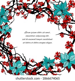 Decoración navideña - marco festivo para el texto con poinsettia, ilustración vectorial de ramas con bayas rojas.