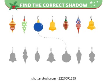 Christmas decor. Find the correct shadow. Shadow matching game. Christmas toys. Flat, cartoon. Isolated vector illustration eps 10