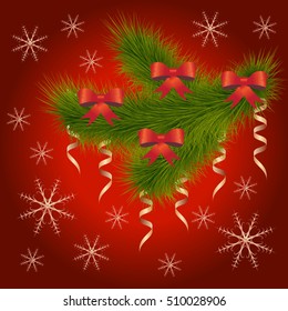 Christmas decor: fir branch, bows on red background