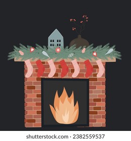 Christmas decor. Christmas fireplace. Winter postcard
