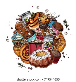 Christmas decor in the form of a circle, plants line drawn on a white background. Sketch of berries and leaves. Mistletoe, holly, Cocoa, biscuits, marmalade, candies, sweets