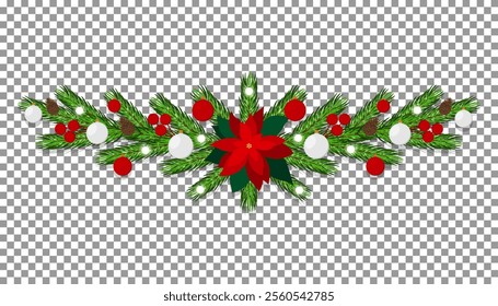 Christmas decor. A garland of pine branches decorated with holly, Christmas balls, pine cones and lights. Vector illustration