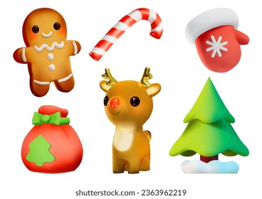 Christmas decor - gingerbread, candy, mitt, gift bag, deer and Christmas tree. 3 d realistic illustration in cartoon style. Vector.