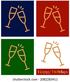 Christmas decor with golden glitter texture. Champagne glass - greeting card template and vector design element