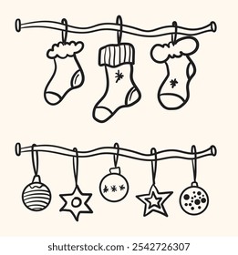 Christmas decor with hanging illustration style doodle and line art