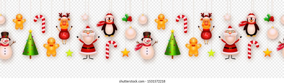 Christmas Decor, Hanging Ornaments Vector Background. Garland. Christmas Tree, Snowman, Santa, Star, Reindeer, Gigngerbread. New Year, Winter Holiday Decoration Isolated On Transparent Background.