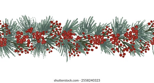 Christmas decor horizontal seamless vector pattern, Green spruce and red berries on white background