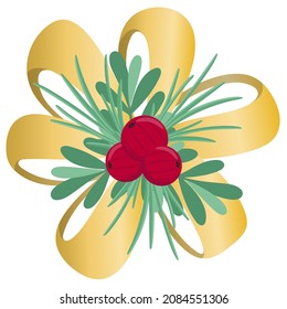 Christmas decor isolated vector illustration. New Years decoration with gold bow, red berries and leafy twigs. Festive composition