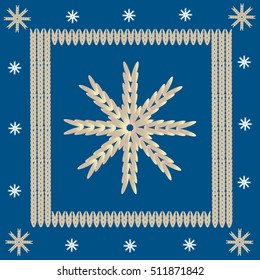 Christmas decor. Knitted frame and snowflakes. For banners, posters, postcards, covers. Vector illustration.