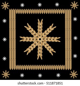 Christmas decor. Knitted frame and snowflakes. For banners, posters, postcards, covers. Vector illustration.