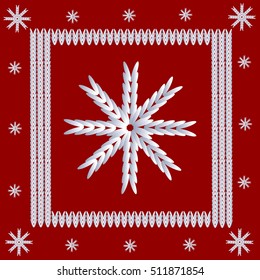 Christmas decor. Knitted frame and snowflakes. For banners, posters, postcards, covers. Vector illustration.