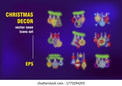 Christmas decor neon signs set. Hanging baubles, ornament, Xmas tree, decoration. Night bright advertising. Vector illustration in neon style for festive banners, invitation cards design