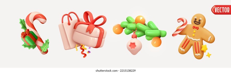 Christmas decor objects. Xmas Decoration Realistic 3d design in cartoon plastic style, candy cane, gift box, pine branch, gingerbread man, shopping bag. Winter holiday element. Vector illustration