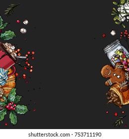 Christmas decor on a dark background. Holly, biscuits, sweets, cocoa, pastries.